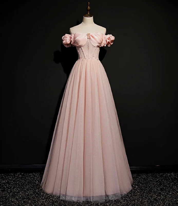 Chiffon DressPink tulle long A line prom dress pink evening dress  8693