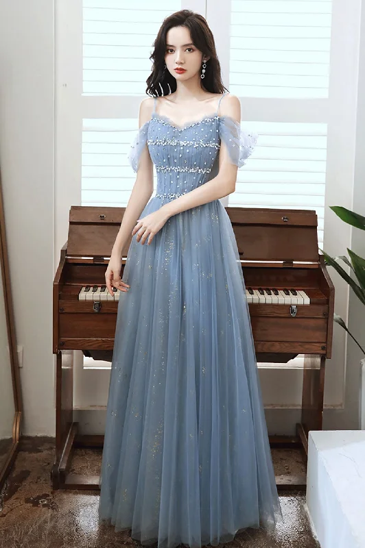 women's everyday dressesBlue tulle beads long A line prom dress evening dress  8713