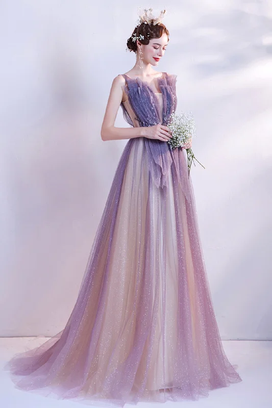 Bow-Tie DressPurple tulle long A line prom dress evening dress  8748