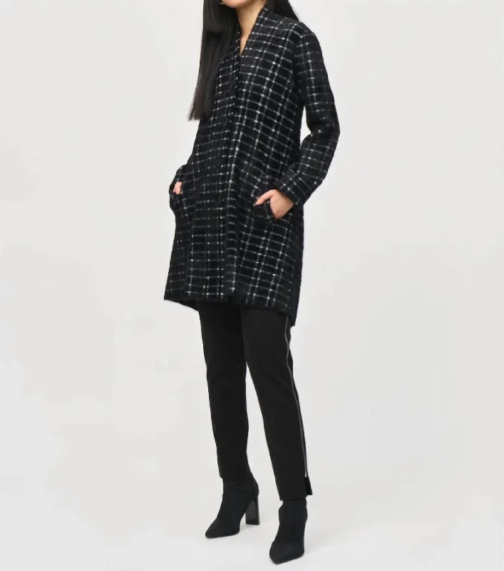 women's coats for cold weatherPlaid Feather Yarn Sweater Coat In Black And White