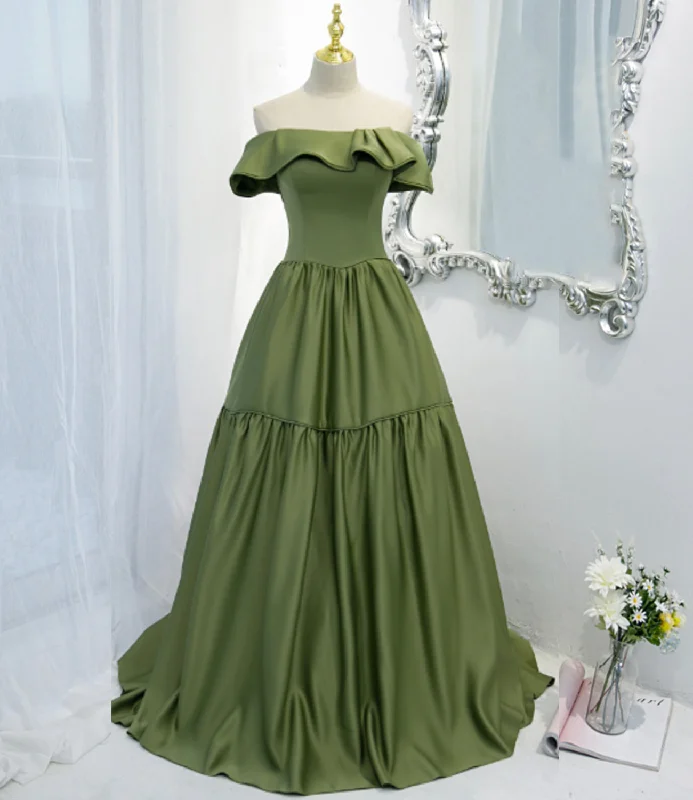 Peter Pan Collar DressGreen satin long A line prom dress green evening dress  8819