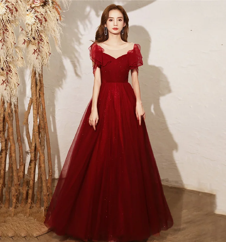 Maternity DressBurgundy tulle long A line prom dress evening dress  8680