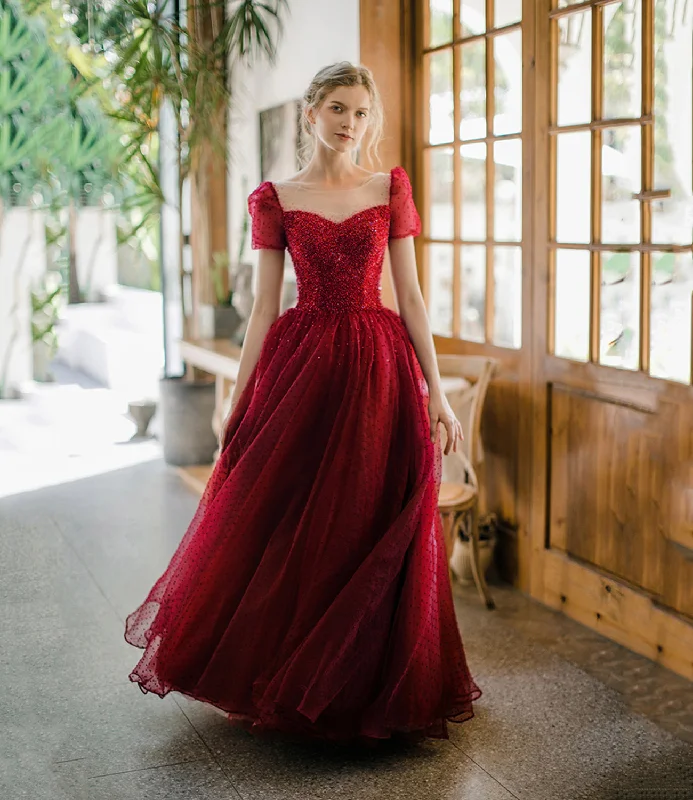 Burgundy tulle beads long prom dress A line evening dress  8645