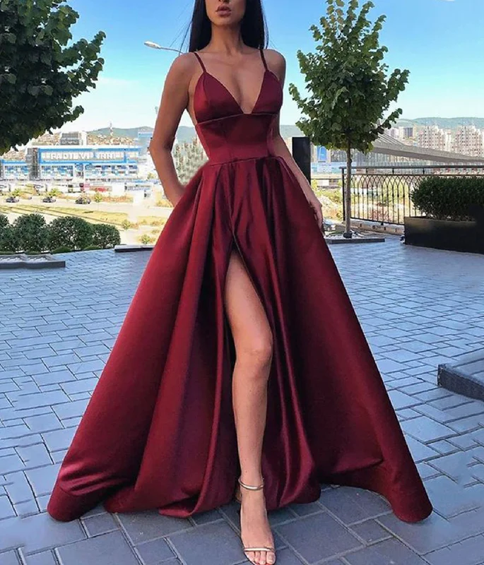 Zip-Up DressBurgundy satin long prom dress evening dress  8615