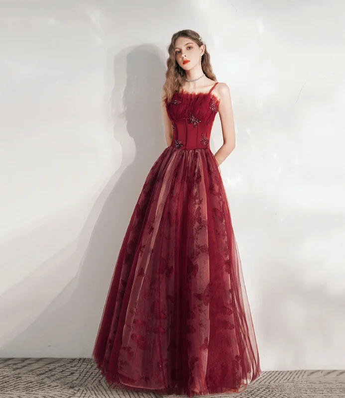 women's cold-shoulder dressesBurgundy tulle long A line prm dress evening dress  8799