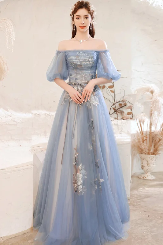 Pastel DressBlue lace long A line prom dress blue evening dress  8751