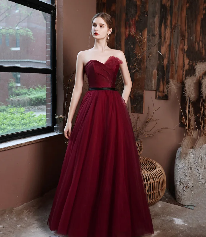 women's ruffle dressesBurgundy off shoulder long A line prom dress evening dress  8797