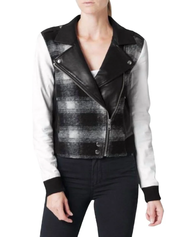 women's trench coatsShelley Leather Wool Blend Plaid Moto Jacket In Black, White