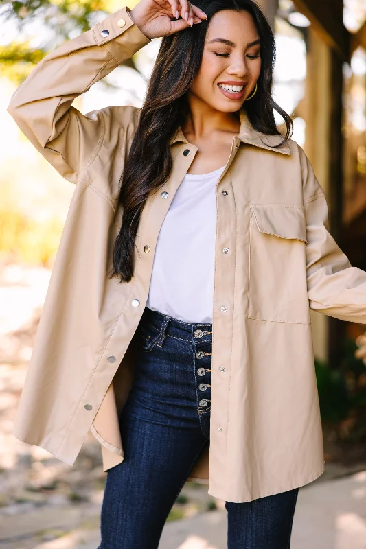 women's coats for those who prefer classic over trendyBig Plans Khaki Brown Faux Leather Shacket