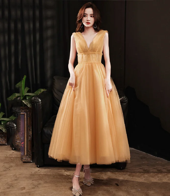 women's eco-friendly dressesYellow tulle tea length prom dress evening dress  8780