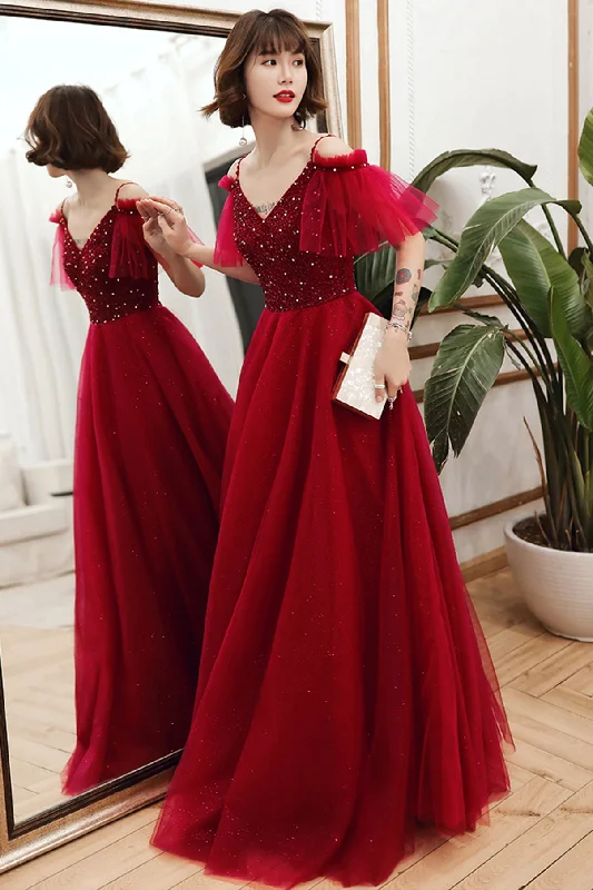 Tea-Length DressBurgundy tulle beads long A line prom dress evening dress  8767