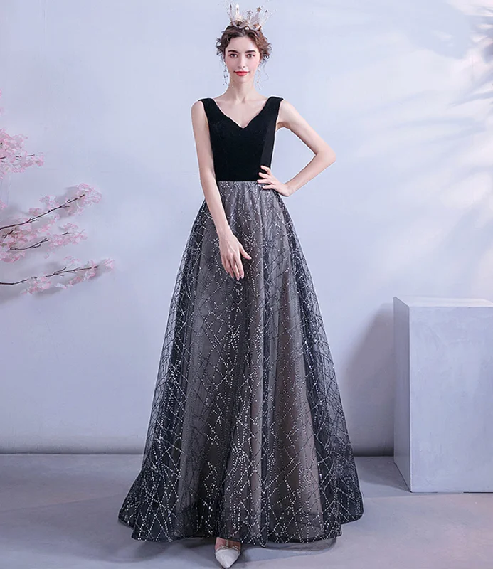 women's floral dressesBlack tulle sequins long A line prom dress evening dress  8731