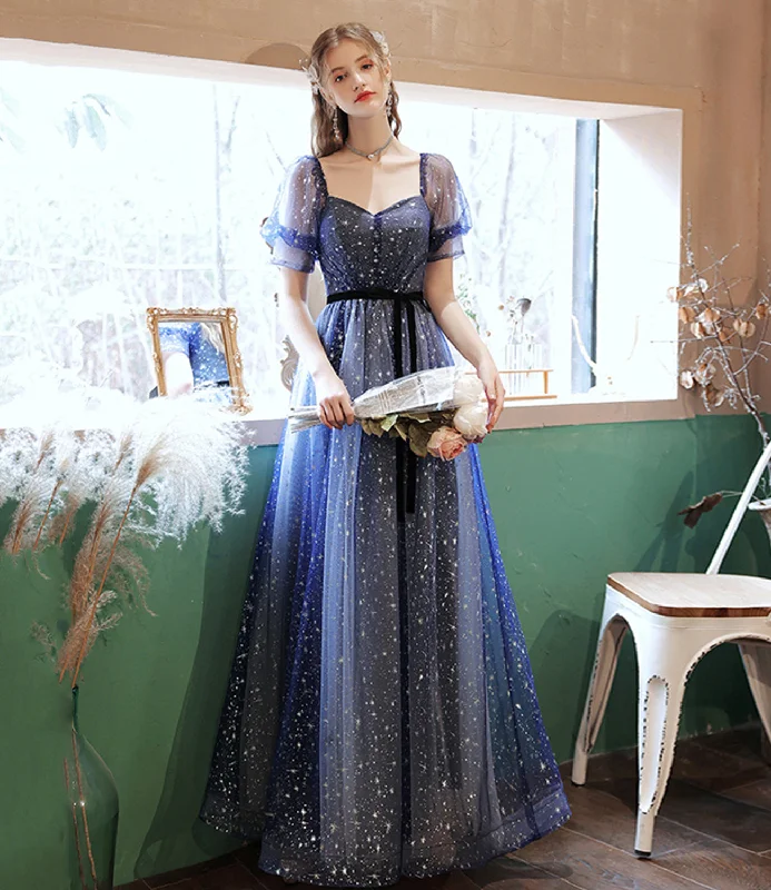 women's sustainable dressesBlue tulle long A line prom dress blue evening dress  8658