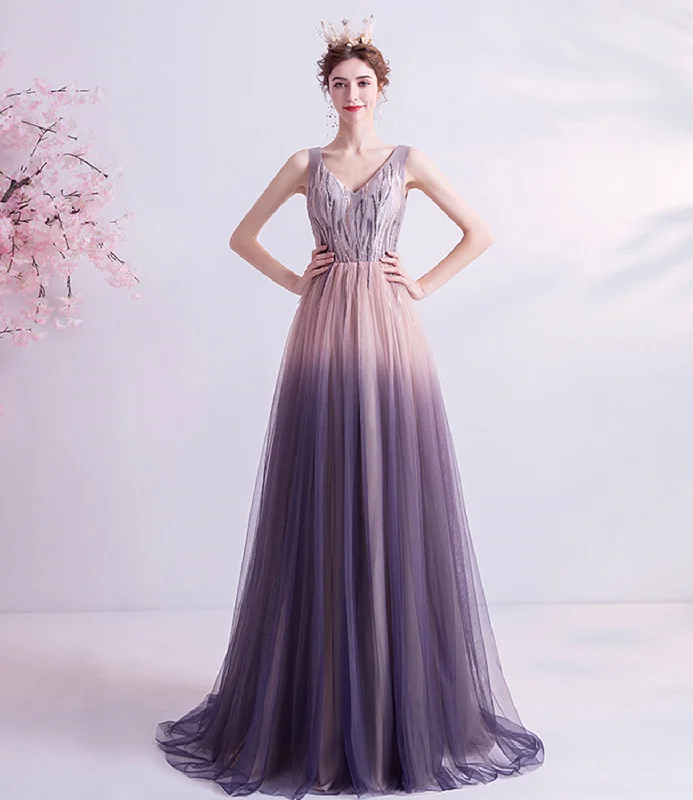 Beaded DressPurple gradient tulle long A line prom dress evening dress  8749