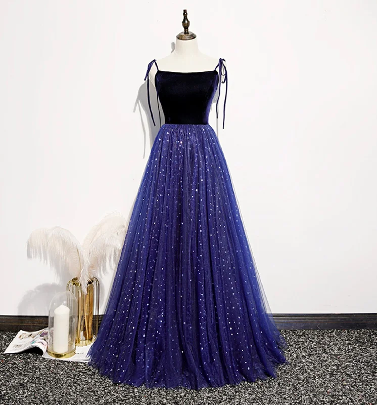 Cold-Shoulder DressBlue velvet tulle long prom dress A line evening dress  8634