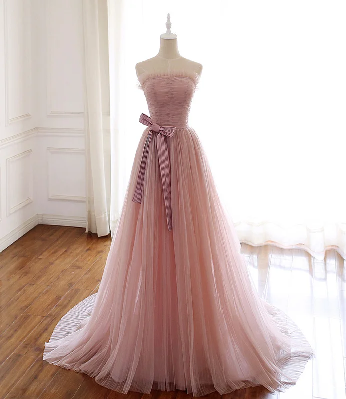 women's cinched-waist dressesPink tulle long prom dress pink evening dress  8584