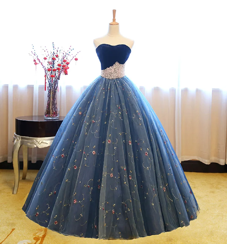 High-Neck DressBlue tulle lace long ball gown dress blue evening dress  8622