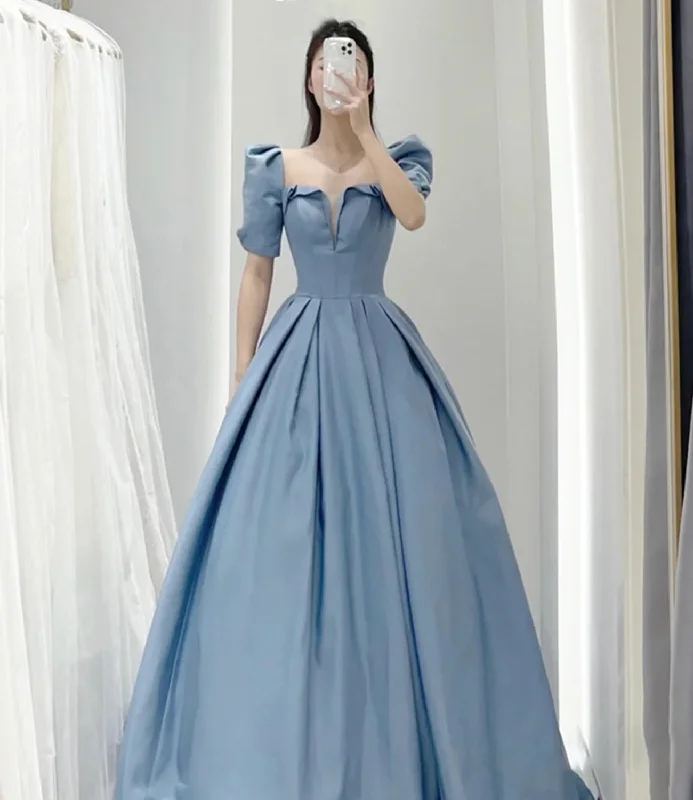 Shift DressBlue Satin Elegant Short Sleeve Long A-Line Ball Gown Evening Dress 8831