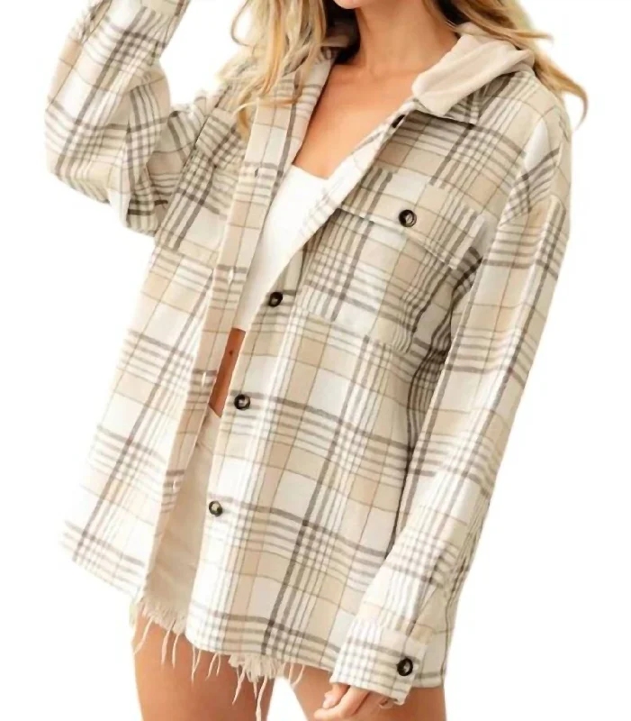 women's coats for tall womenHooded Flannel Jacket In Oatmeal Multi