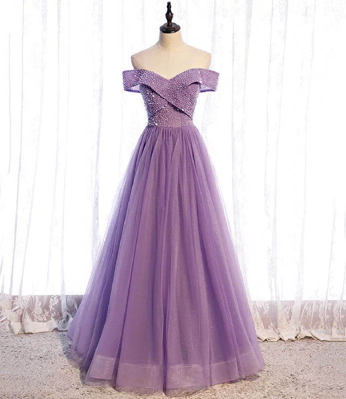 women's plus-size dressesPurple tulle beads long A line prom dress evening dress  8790