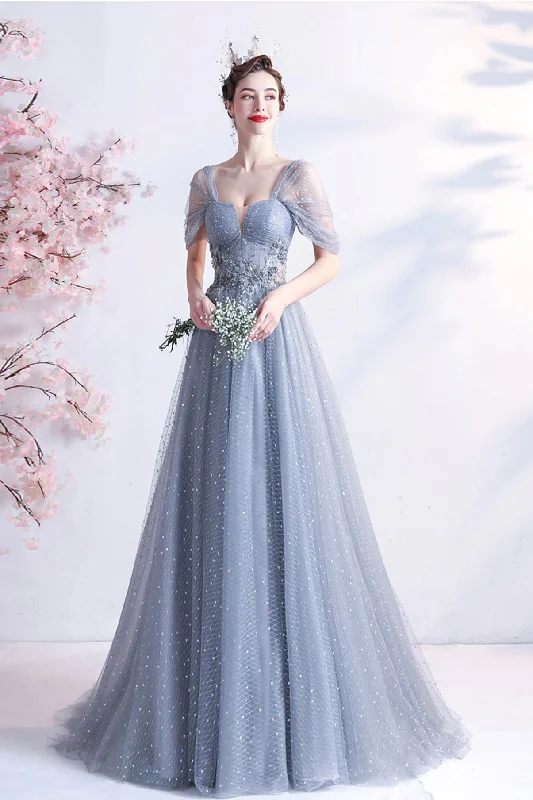 Evening DressGray tulle long A line prom dress gray evening dress  8770