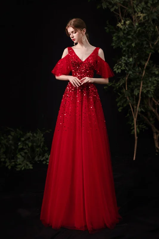 women's cocktail dressesRed tulle sequins long A line prom dress red evening dress  8737