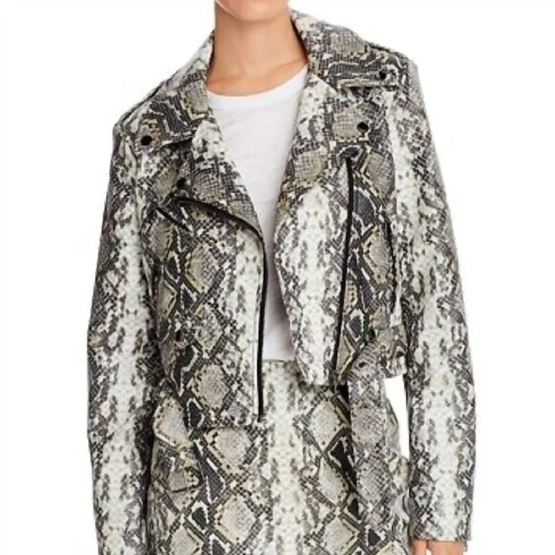 women's coats in bold colorsSnake Print Faux Leather Moto Jacket In Gray/black