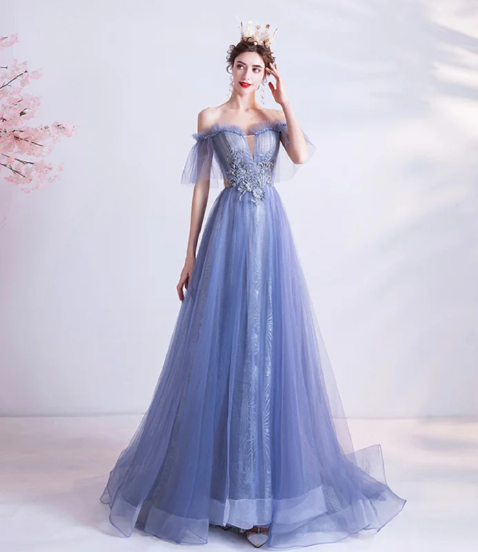 women's floral dressesBlue tulle lace long A line prom dress evening dress  8670