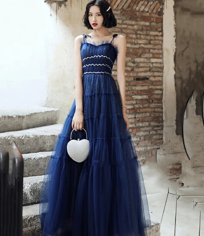 Tiered DressBlue tulle long A line prom dress blue evening dress  8741