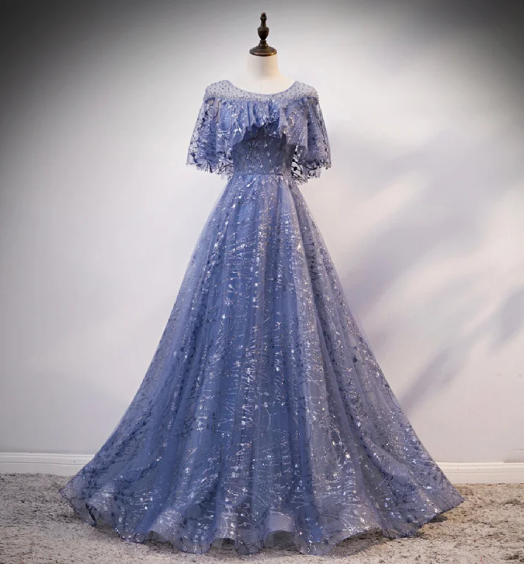 Flowy DressBlue tulle sequins long ball gown dress evening dress  8619