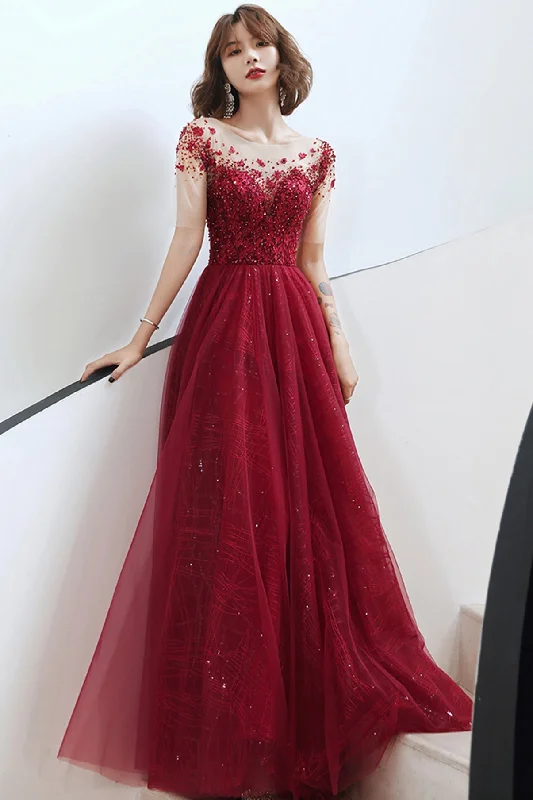 Chiffon DressBurgundy tulle beads long A line prom dress evening dress  8756