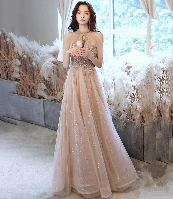 Spaghetti Strap DressChampagne tulle sequins long A line prom dress evening dress  8683