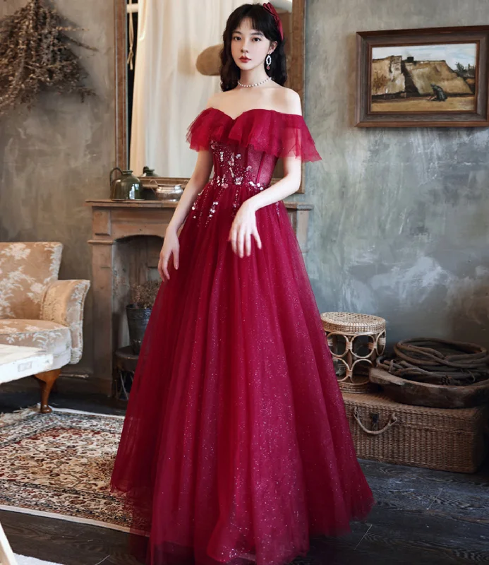 Embellished DressBurgundy tulle long A line prom dress evening dress  8687