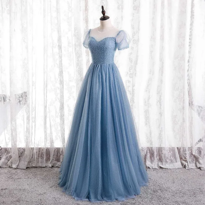 women's metallic dressesBlue tulle long A line prom dress blue evening dress  8728