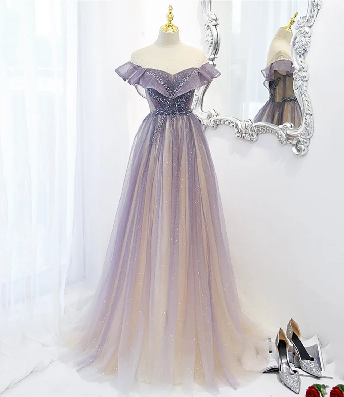 women's ball gown dressesPurple tulle long A line prom dress evening dress  8733