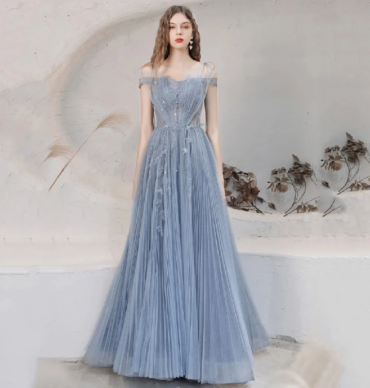 Organza DressBlue tulle long prom dress blue evening dress  8628