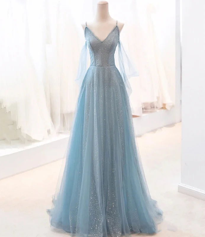 Cold-Shoulder DressBlue tulle long A line prom dress blue evening dress  8764