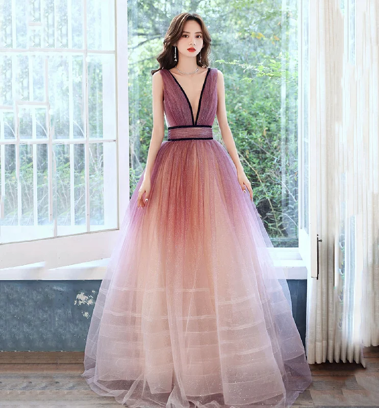 Statement DressPink v neck tulle long prom dress evening dress  8606