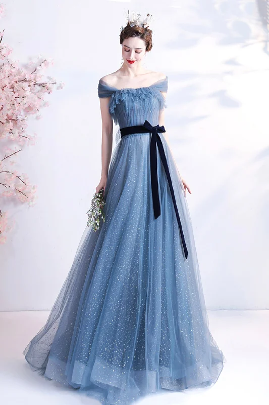 women's wrinkle-resistant dressesBlue tulle long A line prom dress blue evening dress  8777