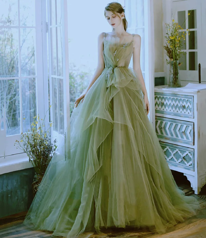 women's bridesmaid dressesGreen tulle long prom dress green evening dress  8599