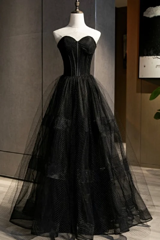 Scoop-Neck DressBlack tulle long A line prom dress black evening dress  8684