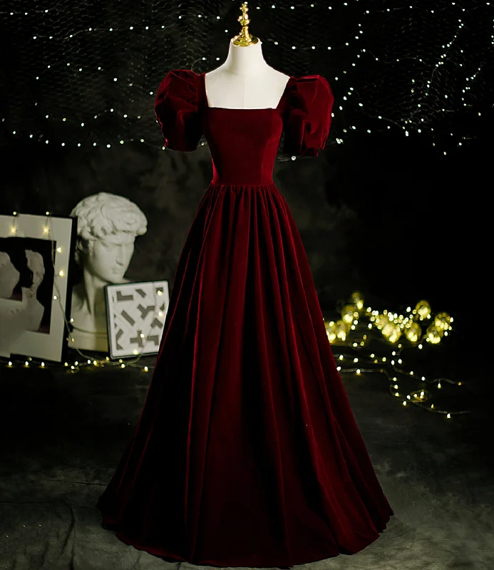 women's mini dressesBurgundy velvet long A line prom dress evening dress  8804