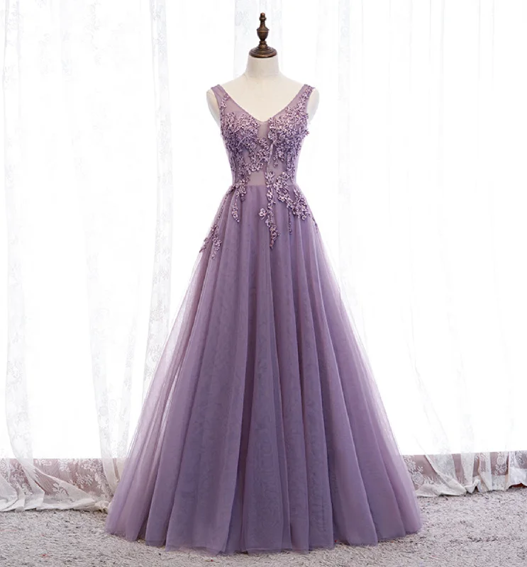 women's cold-shoulder dressesPurple v neck long A line prom dress lace evening dress  8586