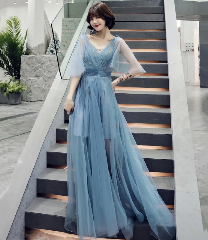 Long-Sleeve DressBlue tulle long A line prom dress blue evening dress  8760