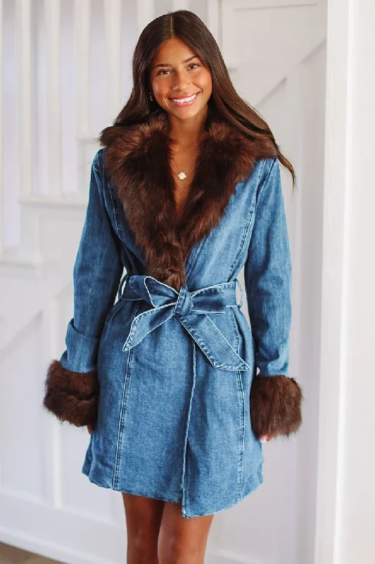 women's coats for maximalist fashion loversOn the Go Denim and Faux Fur Coat -Denim