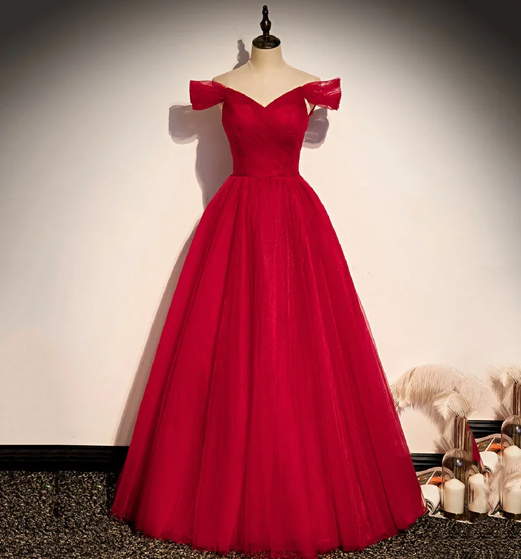 Cocktail DressRed tulle long A line prom dress red evening dress  8639