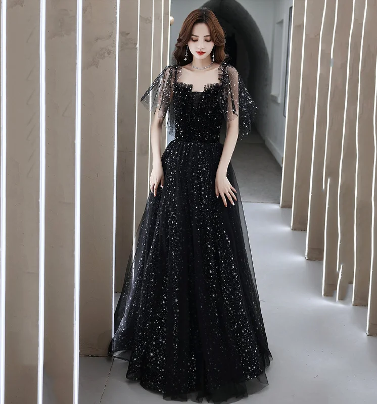 Ruffled Hem DressBlack tulle long A line prom dress evening dress  8681