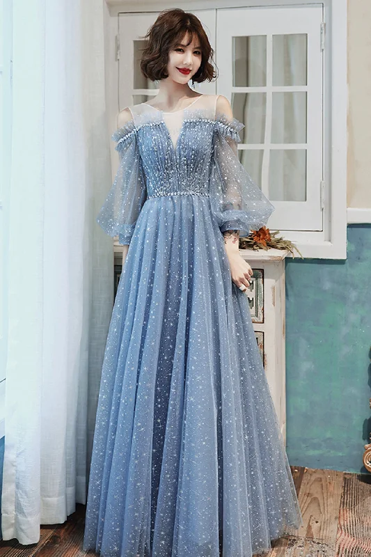 Flutter-Sleeve DressBlue tulle long A line prom dress blue evening dress  8759