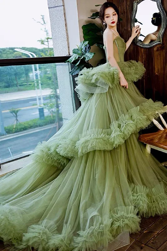 women's prom dressesGreen tulle long A line prom dress green evening dress  8809