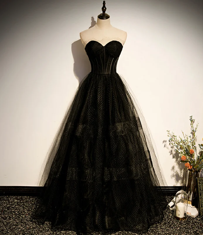 Short-Sleeve DressBlack tulle long A line prom dress black evening dress  8830